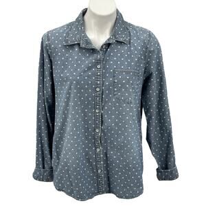 JC Penney Women's Tops SZ XL Casual Denim Polka Dot 100% Cotton Blue Long Sleeve